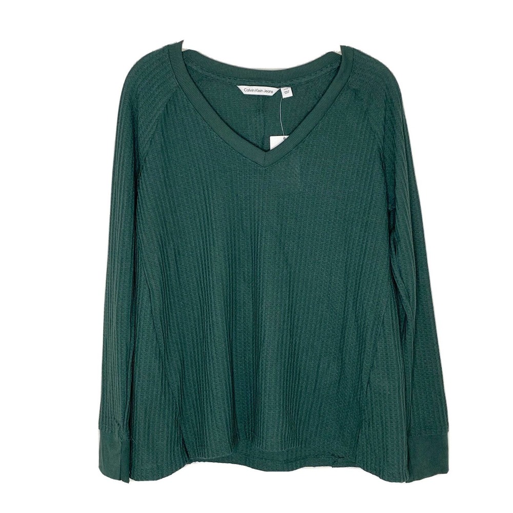 Calvin Klein Jeans Women's Green V-Neck Long Sleeve Thermal Top Sz S New K1